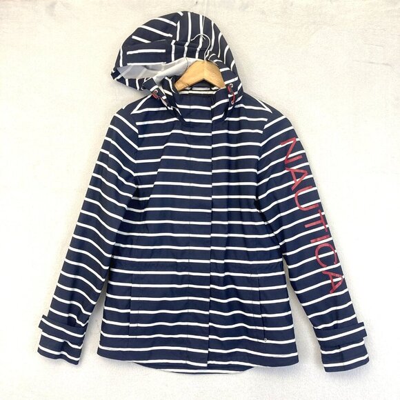 Nautica Raincoat Jacket Womens Small S Blue Striped Hooded Coastal Windbreaker - Picture 1 of 16